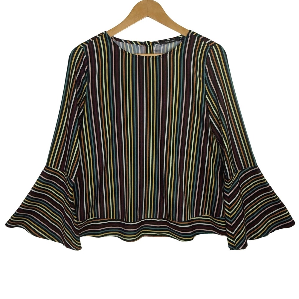 Doe & Rae Womens Multi Color Striped Bell Sleeve Button Back Blouse‎ Small